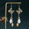New Arrival Vintage Chinese Jade Pendant Butterfly Tassel Earrings Enamel Painted Jade Butterfly Charm Earrings for Women