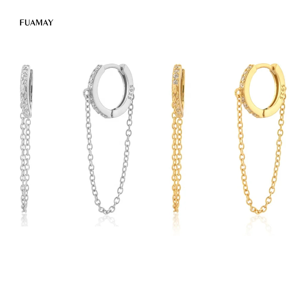 FUAMAY Double Huggies Chain Link Stud Earrings Woman Double Chain Huggie Earrings