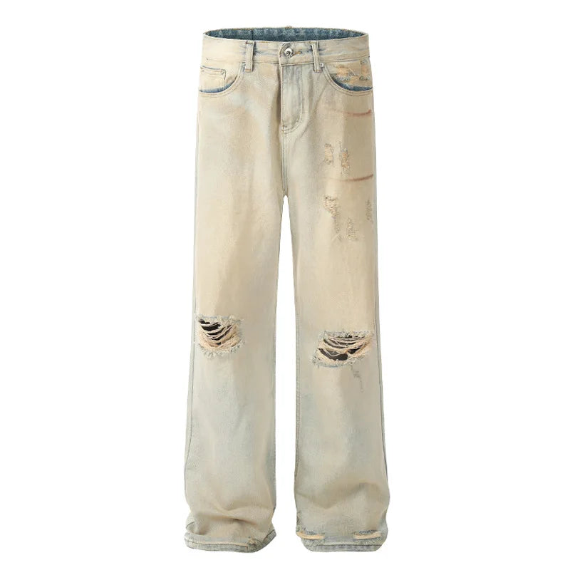 Wholesale Hot Sale Street Wear Ripped Distressed Stonewashed Straight Vintage Wash Quality Jeans Winter Autumn Summer