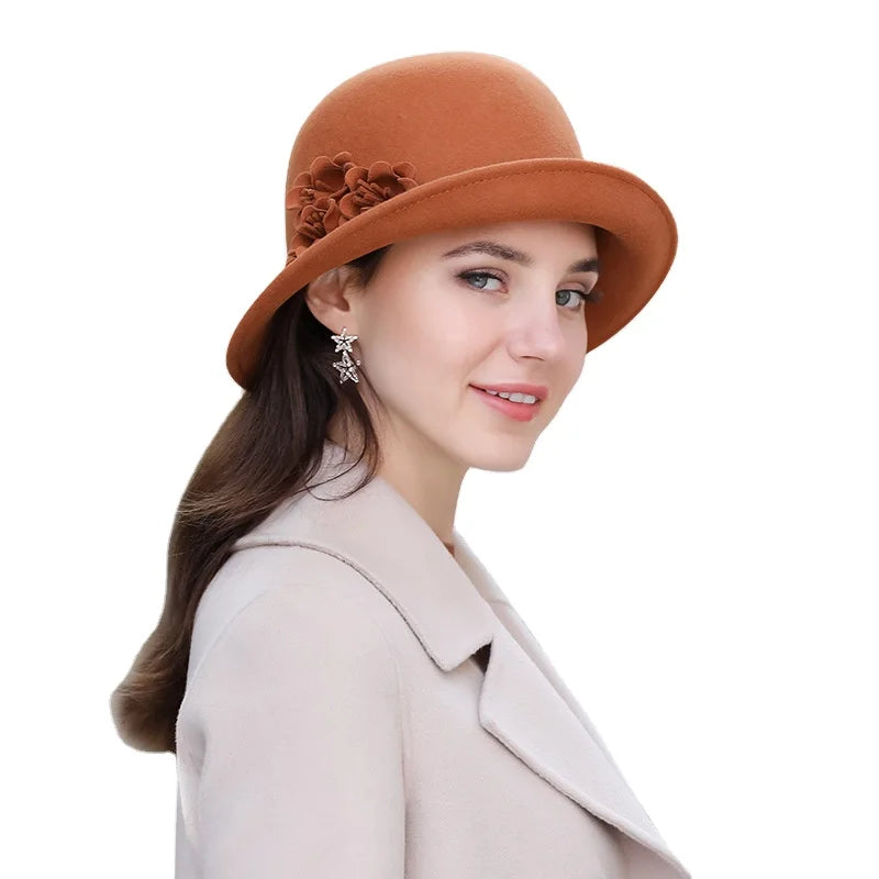 Fashion Women 100 Australian Wool Felt Hat Fedora Bowler Derby Church Dress Cloche Hat with 3D Floral Accent