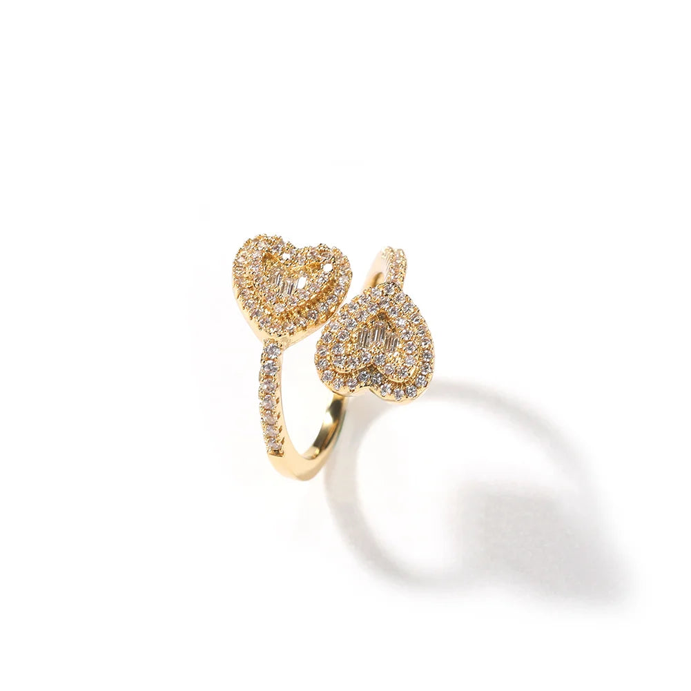 Top Icy Hip Hop Ice Out Fashion Heart Diamond Rings High Quality Jewellery Gold Sliver Micro Paved Adjustable Baguette Ring