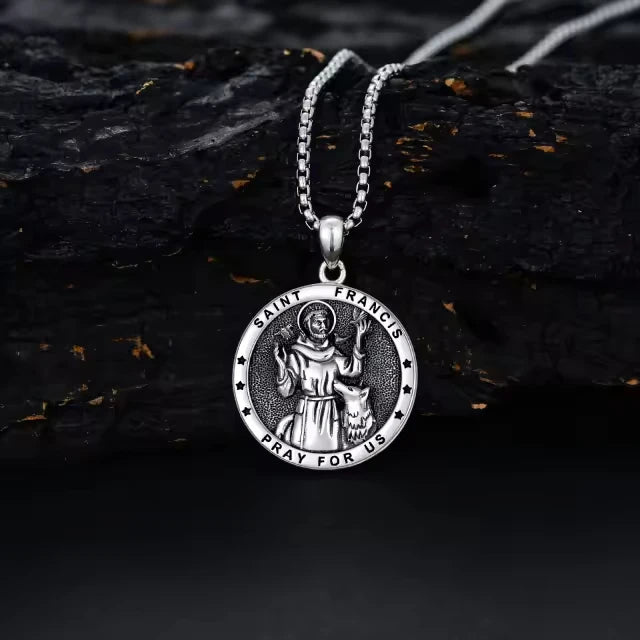 Men Jewelry 925 Sterling Silver Oxidized Archangel Saint Francis Engraved Round Pendant Necklace