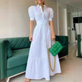 2025 European and American New Style Fashion Lapel Short Sleeved With Large Swing Whit Belt Long Dress