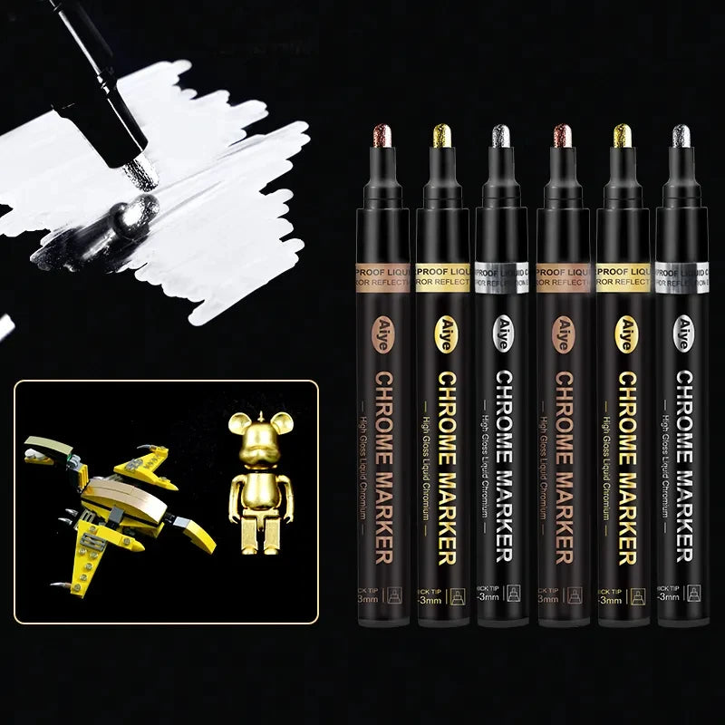 Magiart Silver Gold Mirror Chrome Color Markers Rotuladores Chrome Pigment Marker Pen for Model Car Part Glass Colouring