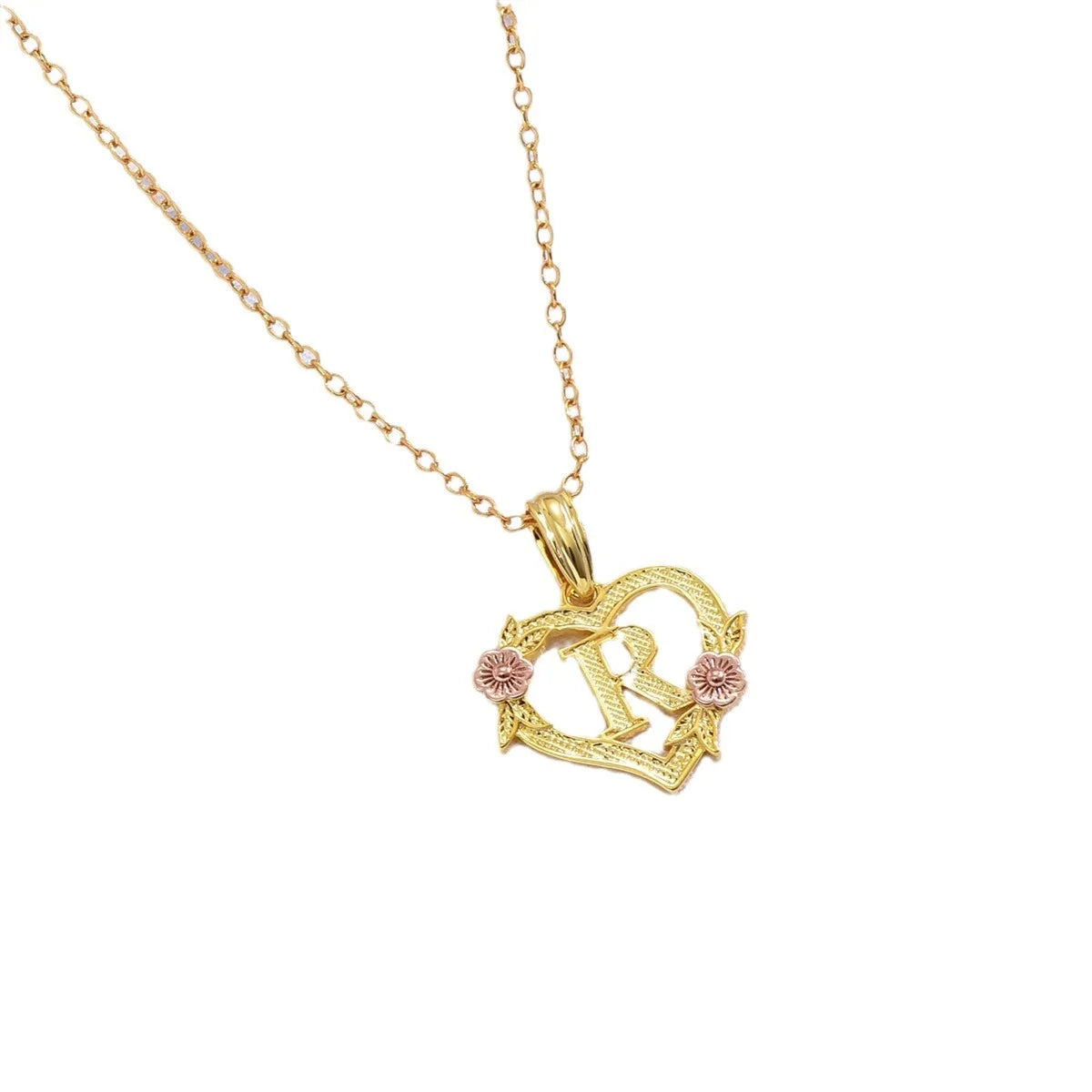 Qiuhan Hollow Heart Flower Zircon Pendant Two Color Enamel A-Z Letter Necklace