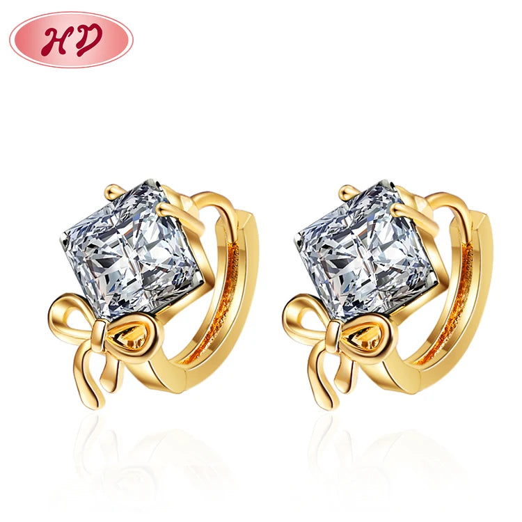 ODM OEM Custom Allowed in Stock Classic Stone Big Diamond Cubic Zircon Fancy Noble Huggie Earrings with Bow Tie Knot Small Hoops