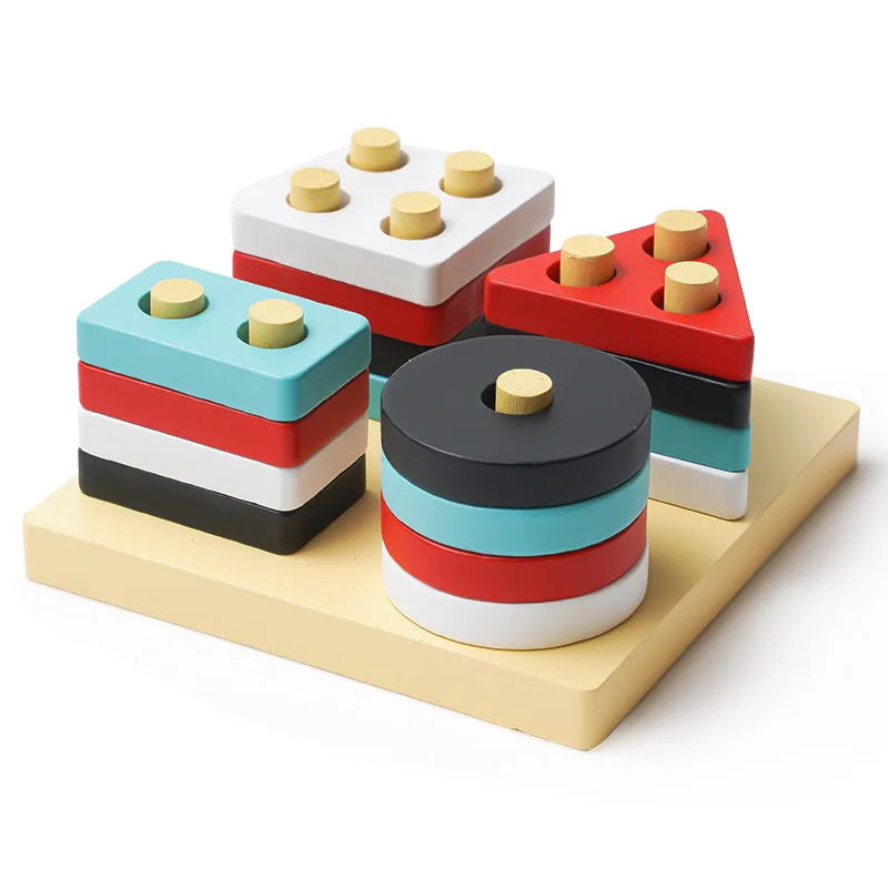 Wooden Geometric Shape Four Sets of Columns Wisdom Column Children Montessori Early Education Cognitive Blocks Matching Toys