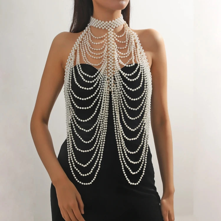 RL-45 Multi Layers Handmade Women Body Jewelry Woven Multi-layer Tassel Layered Pearl Necklace Body Chain