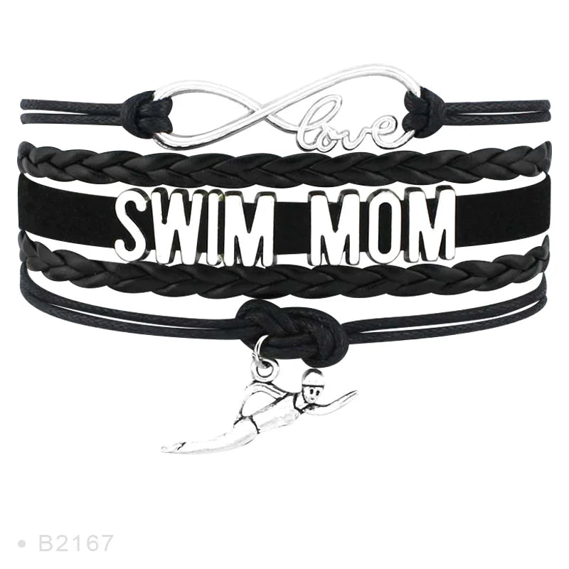 Factory Custom Made Infinity Love Swimming Swimmer Cheer Swim Mom Player Charm Jewelry Leather Bracelets for Women