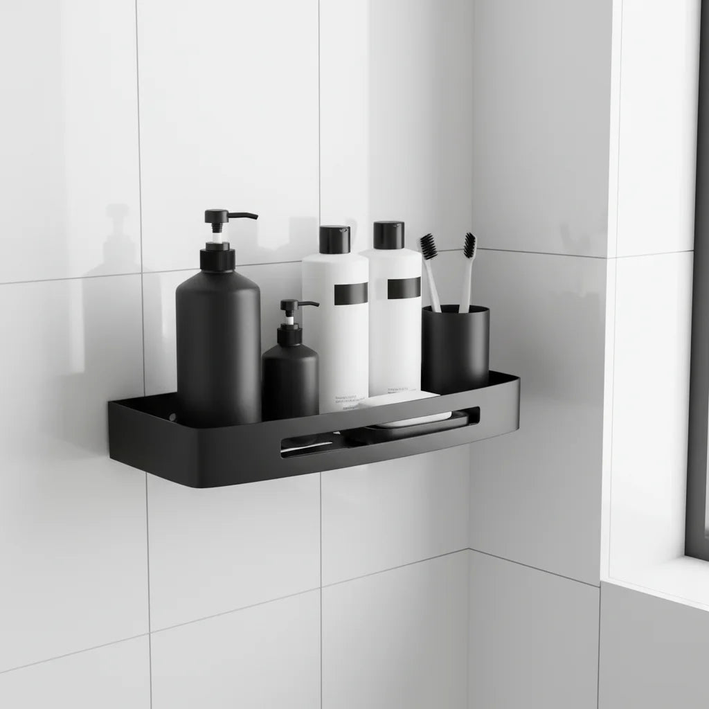 Modern Eco-Friendly Durable Stainless Steel Wall Shower Caddy Matt Black Bathroom Corner Mounted Shampoo Rack for Apartment
