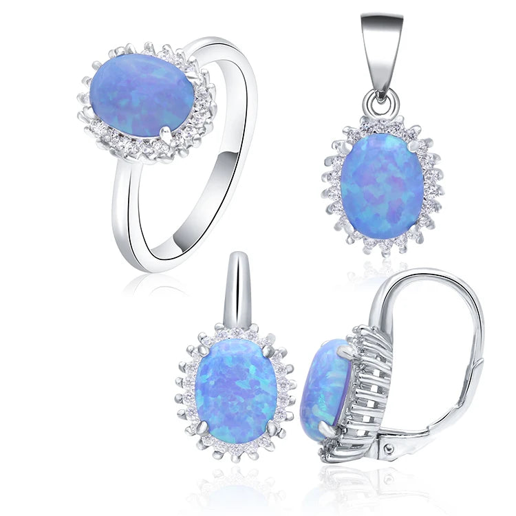 Newest Design 925 Sterling Silver Jewelry Sets Rhodium and Gold Plated Oval Opal Zircon for Women for Parties and Weddings