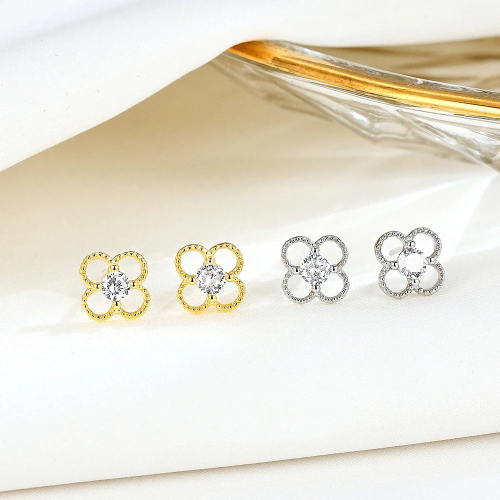 Fine 925 Sterling Silver Hollow Clover Stud Earrings Fashion Mini Hypoallergenic Stud Earrings for Women Girls