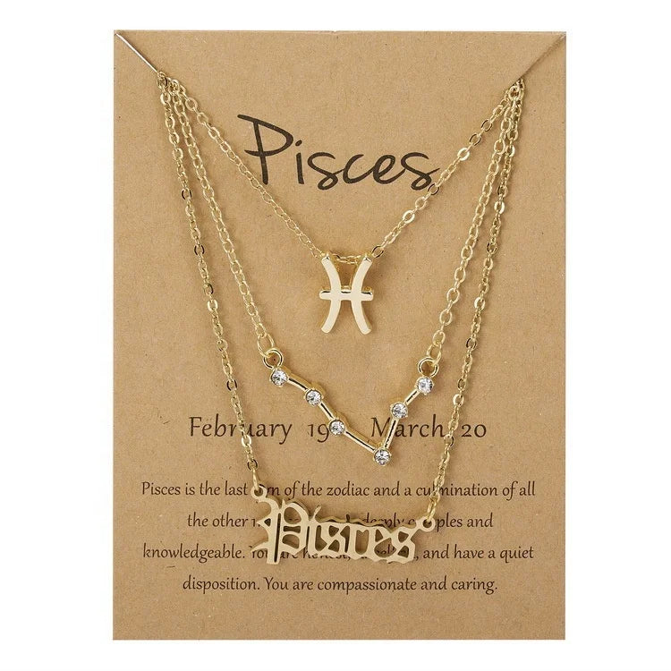 3 Pieces/Set Gold Plated Horoscope Card Star Chart Pendant Chain Cardboard Star   12 Zodiac Charms Gold Necklace Set