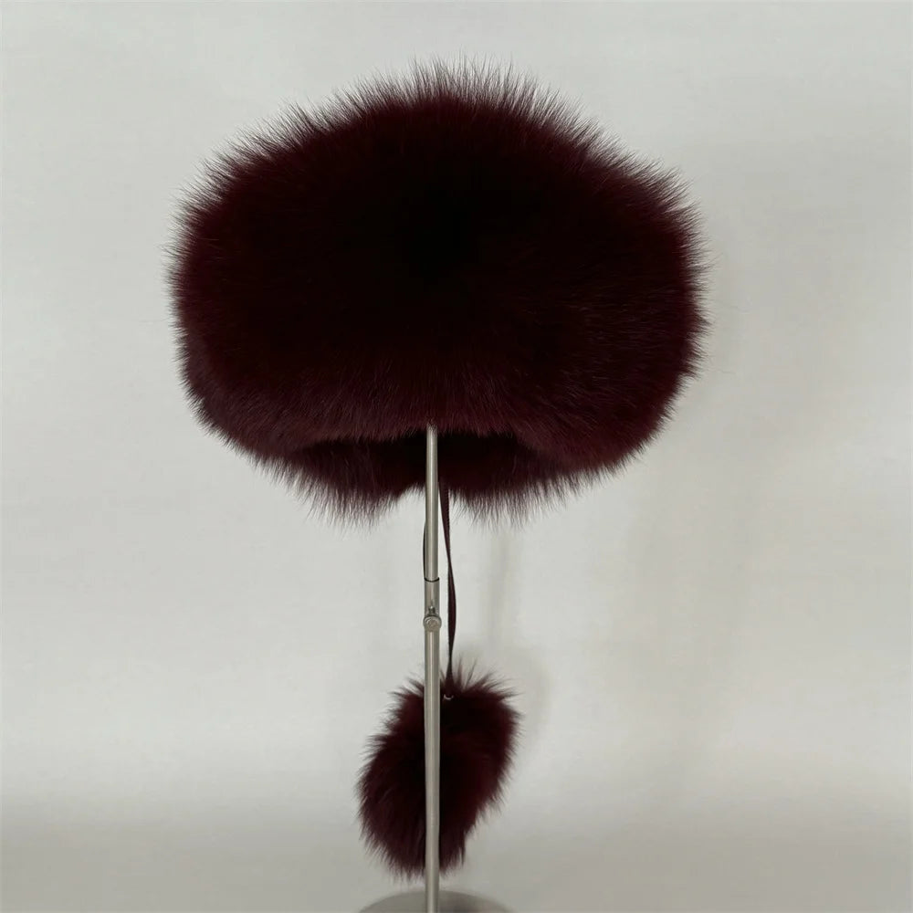 New Women's Leather Top Winter Fox Fur Hat Warm Round Top for Outdoor Use
