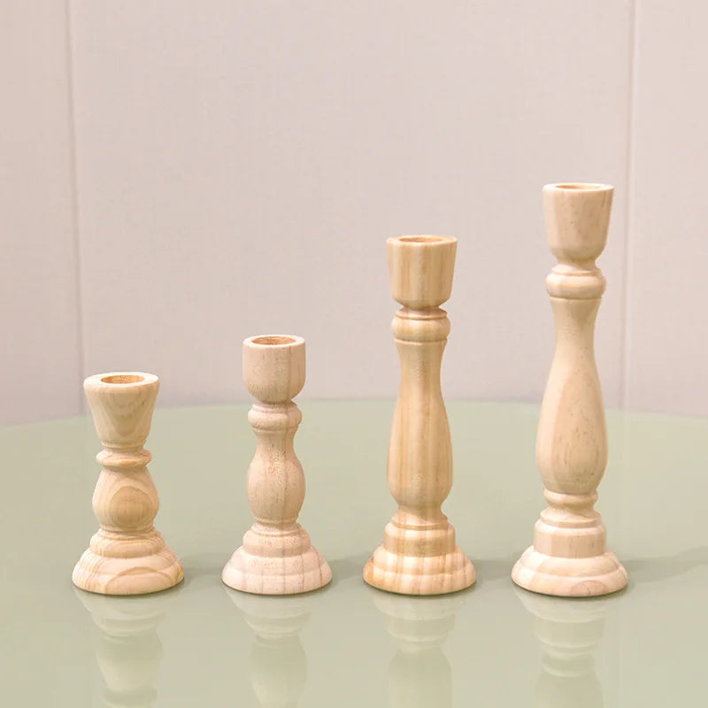 Wedding Party Home Decorative Antique Unfinished Unpainted Wooden Tall Pillar Candlestick Antique Candle Stick Holder Stand