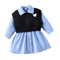 Girls Casual Clothing Set for Spring Autumn New Long Sleeve Lapel Solid Color Dress with Vest Suit for Kids