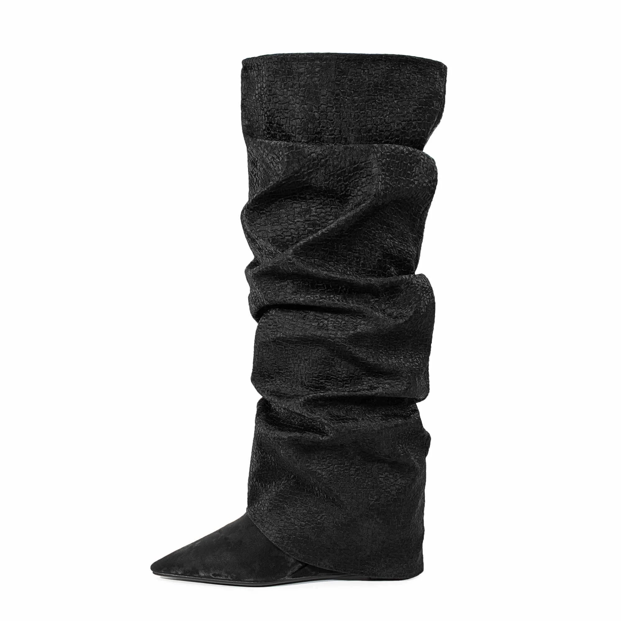 Wholesale Women's Wide Calf Slouch Knee High Boots 10.5CM Wedge Heel Pointed Toe Slip on PU Upper Winter Autumn Western