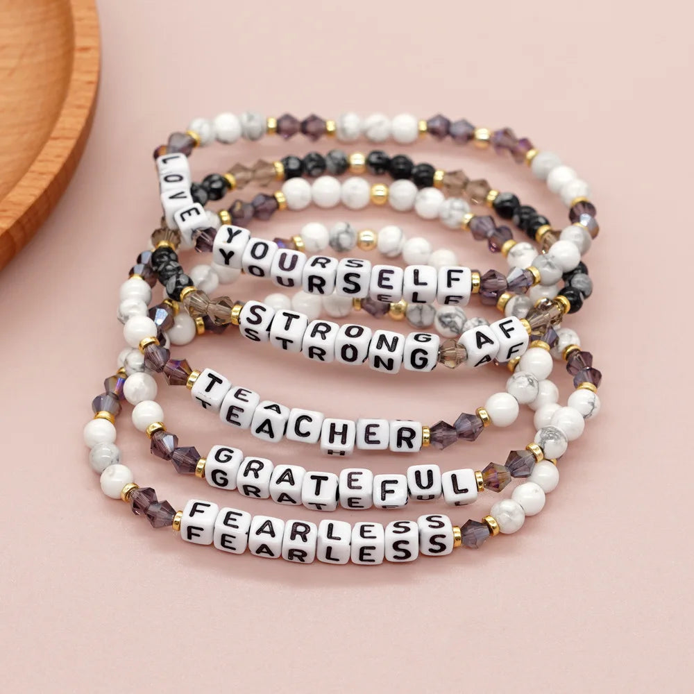 Bohemia Natural Stone Crystal Beads Bracelets Fearless Letter Square Beaded Bracelets for Woman