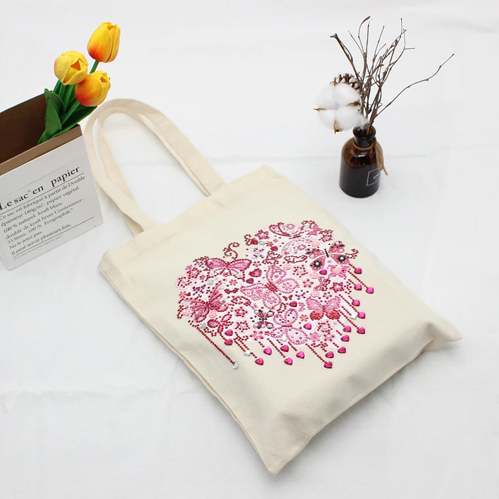 New Arrival Diamond Painting Tote Bag Diy Pink Butterflies Pattern Reusable Special Shaped Diamond Embroidery Handbag Art Crafts