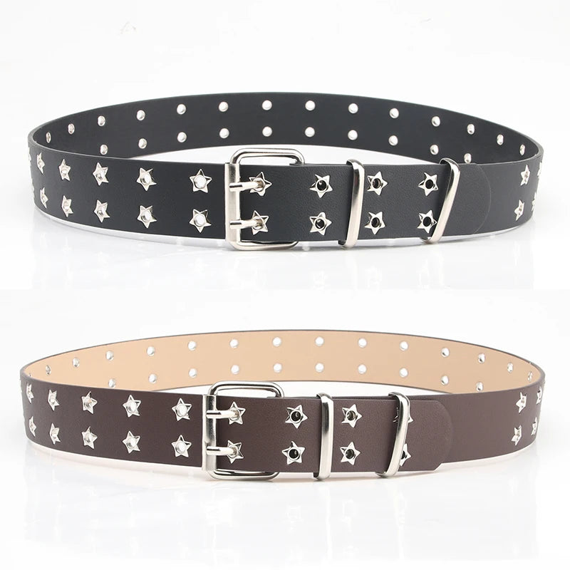 JULUN Belt Manufacturer Star Studded Women's Leather Belt Silver Double Prong Buckle Designer Belts Punk Rock Style for Jeans
