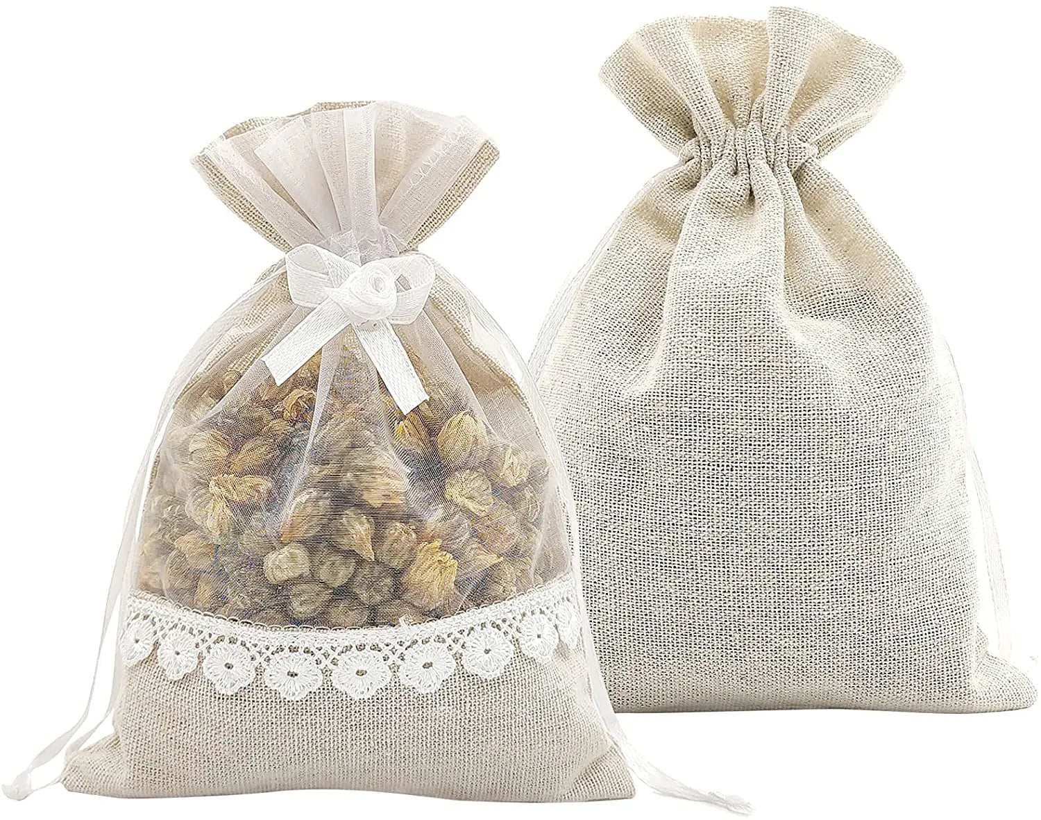 5x7 Inch DIY Craft Gift Bags Rose Drawstring Burlap & Organza with Lace Jute Favor Bags for Party Wedding & Shopping