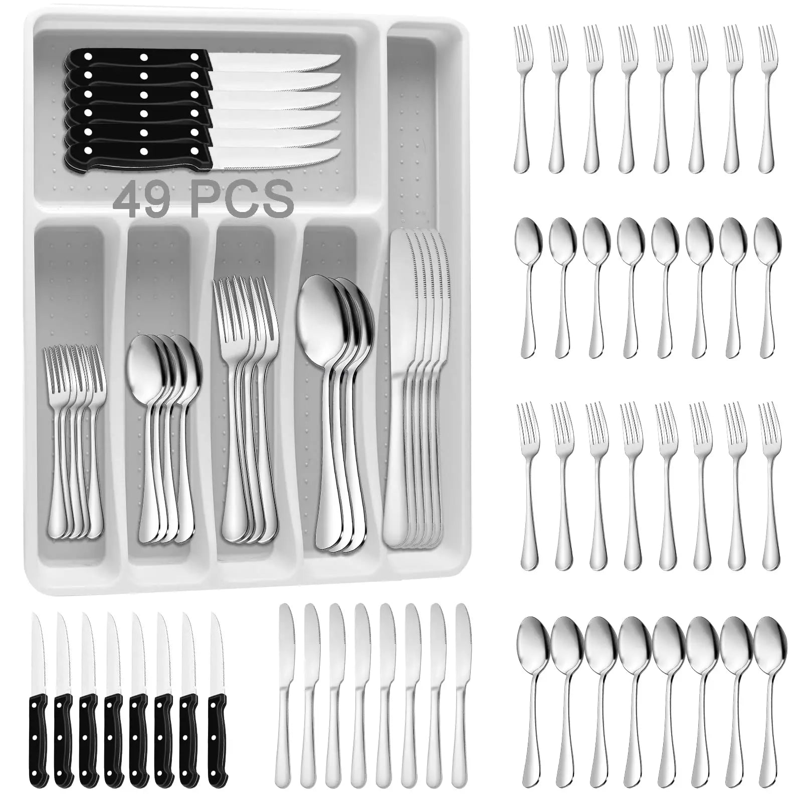 49PCS Silverware Stainless Steel Flatware Cutlery Set for 8 Steak Knives Mirror Polish Dinner Knife Forks Spoons with Organizer