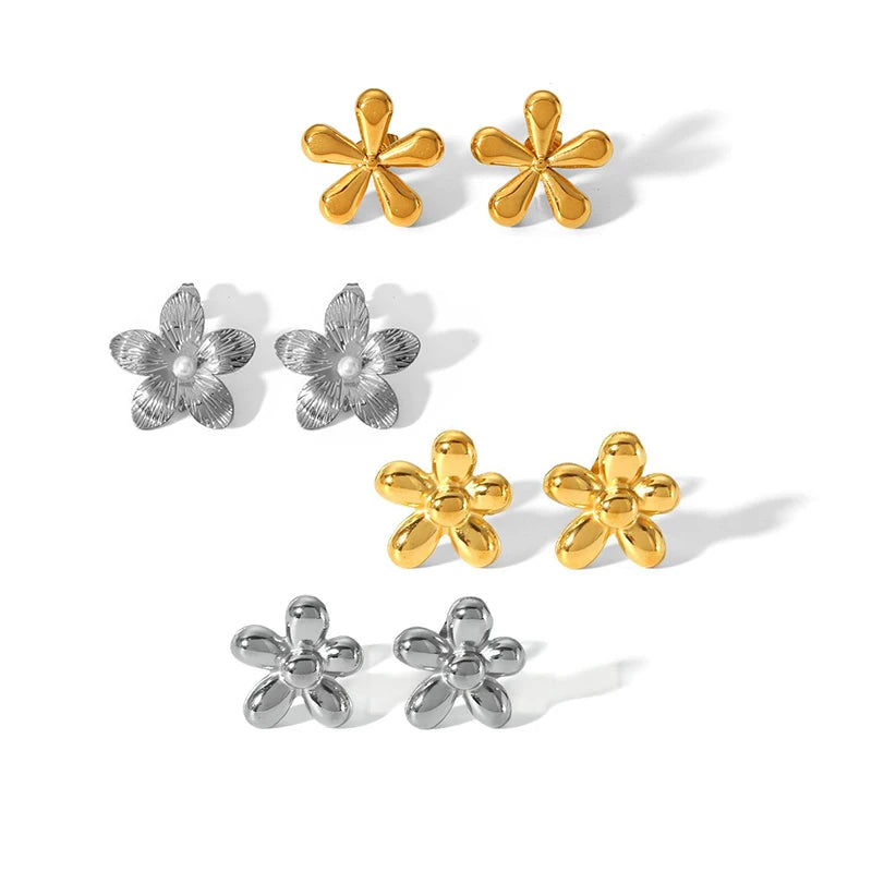 Fatingna Women's Stainless Steel Double Flower Pendant Stud Earring Waterproof 18K Gold Plate Bezel Setting Inlay Technology