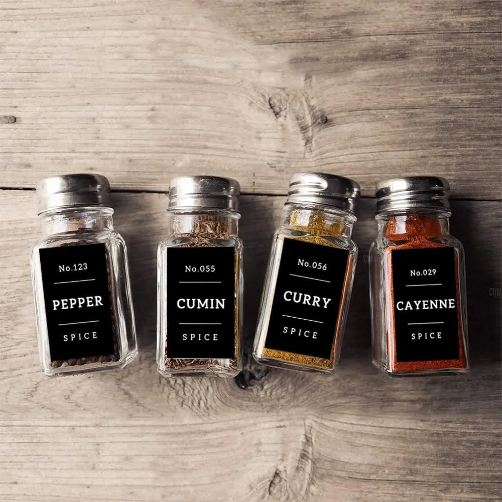Minimalist Square Rectangle Glass Jar Spice Label White Matte Vinyl Waterproof Sticker with Black Text for Packaging
