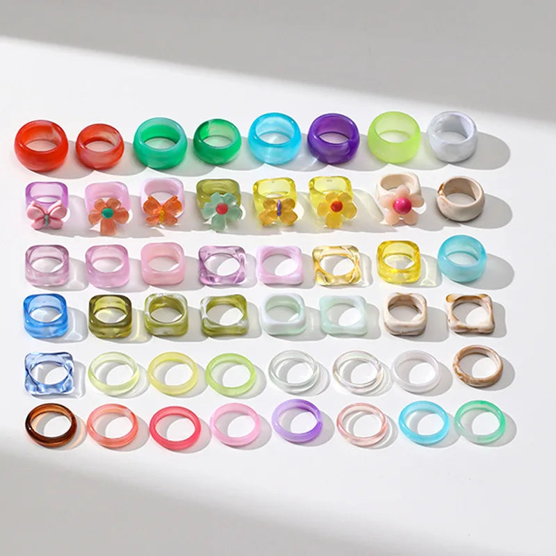 Wholesale Trendy Ins Style Candy Colors Acrylic Jewelry Women Girls Flower Epoxy Plastic Resin Rings