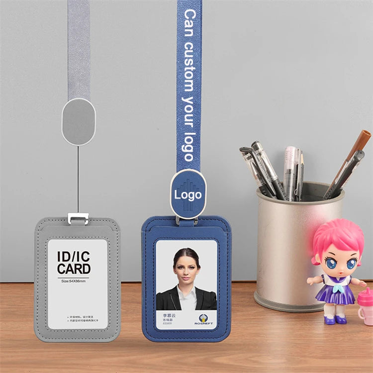 Custom Retractable Staff Badge Cover Lanyard With Id Card Badge Holder Pu Leather Lanyard Card Holder
