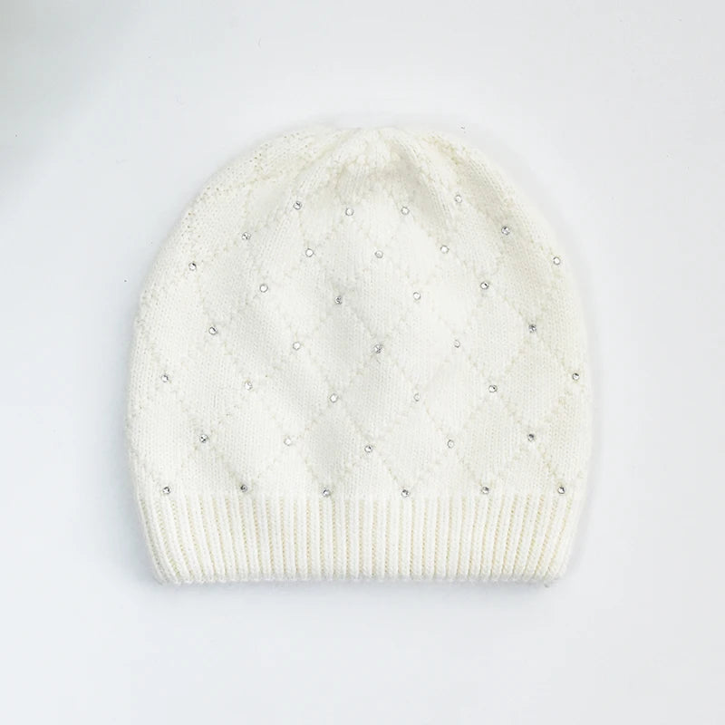 Winter Angora Knitted Wool Beanie Hat With Custom Patch Logo Soft Warm Pearls Jewels  Knit Plain Beanies for Women