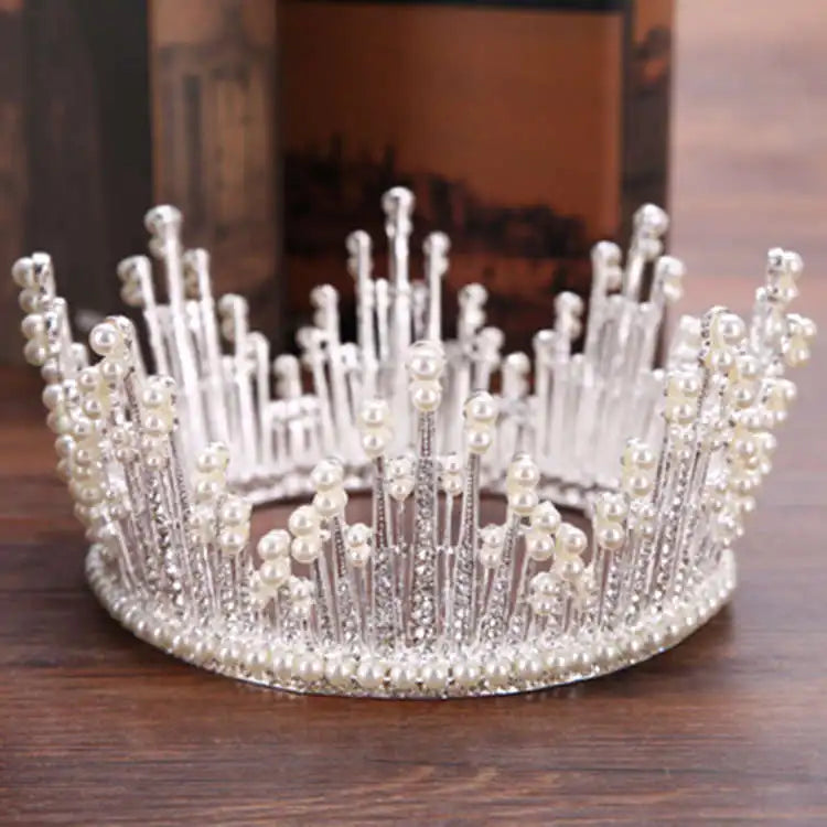 T-35 Handmade Baroque Bride Wedding Dress Accessories Pearl Hair Jewelry Party Crown Tiaras Full Circle Princess Crystal Tiara