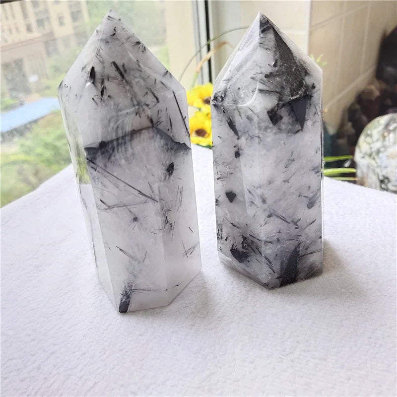 Wholesale Natural Large Size Black Tourmaline Points Black Hair Quartz Crystal Tower Wands