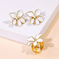 JUSNOVA Women's Fashion 18K Gold Plated Stainless Steel Jewelry Set Drip Wax White Flowers Ring Stud Earrings Zircon Main Stone