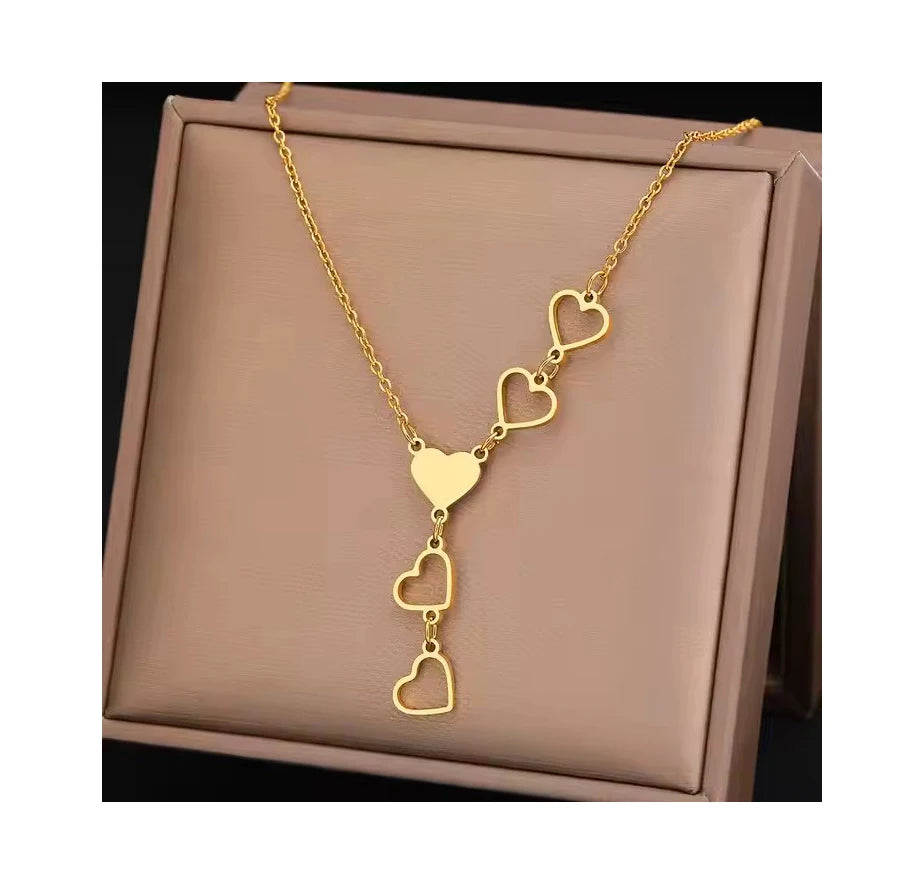 Best Selling Gold Plated Heart Shaped Tassels Long Necklace Fashion Stainless Steel Heart Pendant Necklace for Women