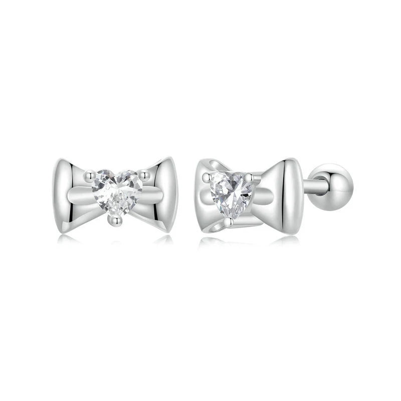Minimalist Jewelry 925 Sterling Silver Rhodium Plated Heart Cubic Zircon Bow Knot Stud Earrings