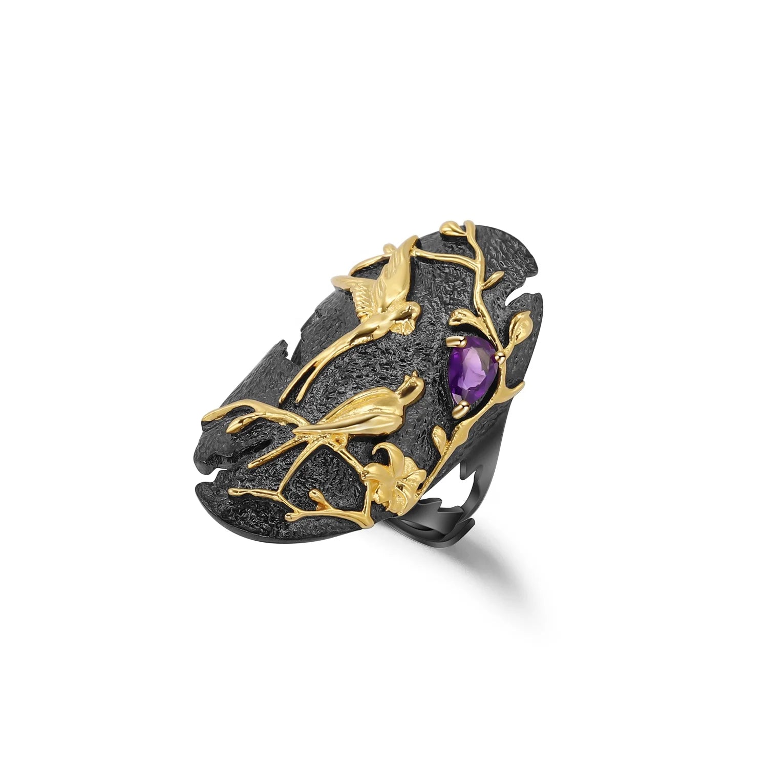 Abiding Solid Silver Ring Art Jewelry Handmade Loving Bird Tree Branch 925 Sterling Natural Amethyst Woman Ring Jewelry