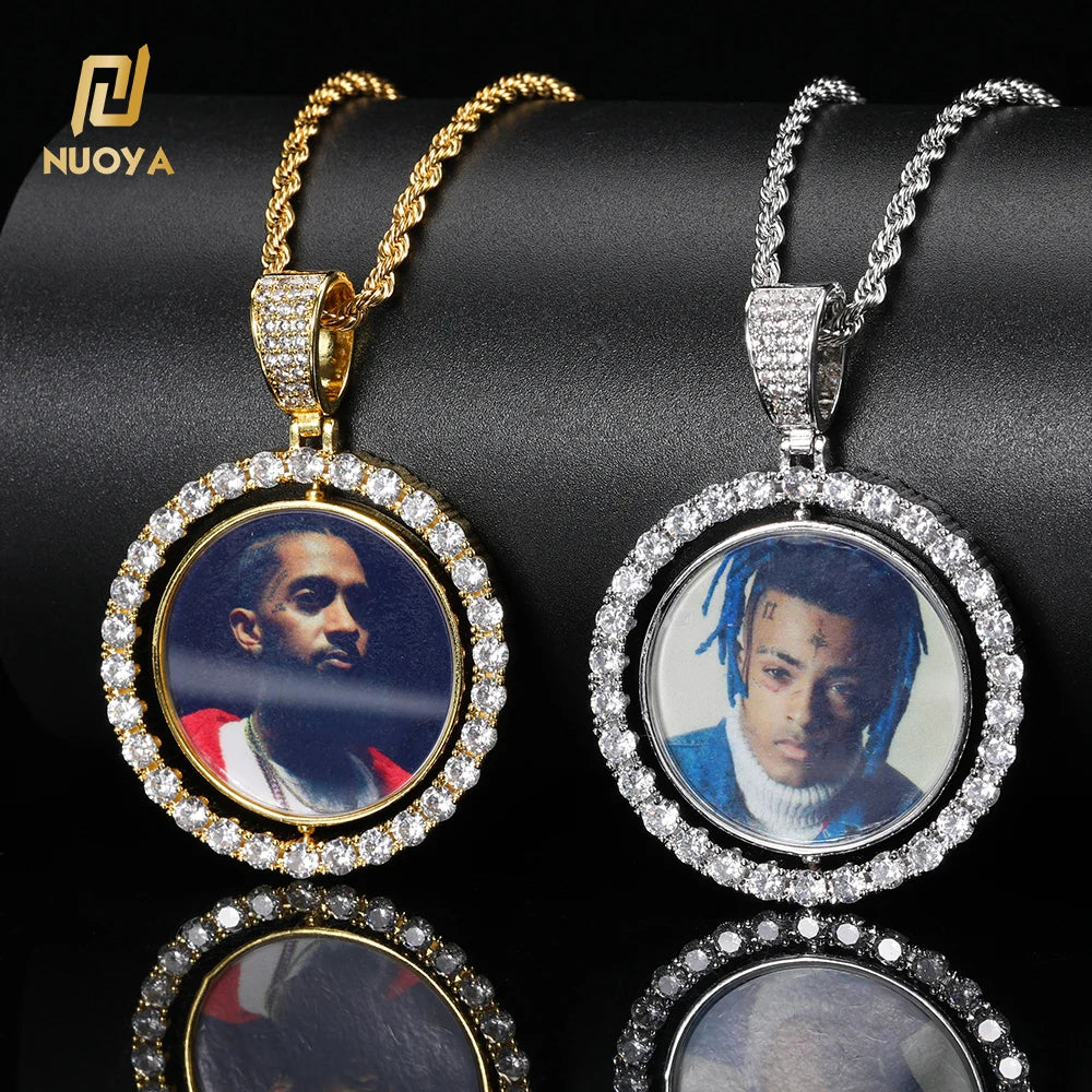 NUOYA Custom Gold Plated Photo Pendant Small Fine Jewelry for Men & Women Hip Hop Style Iced Double Sided Rotating Photo Pendant MegaBDM