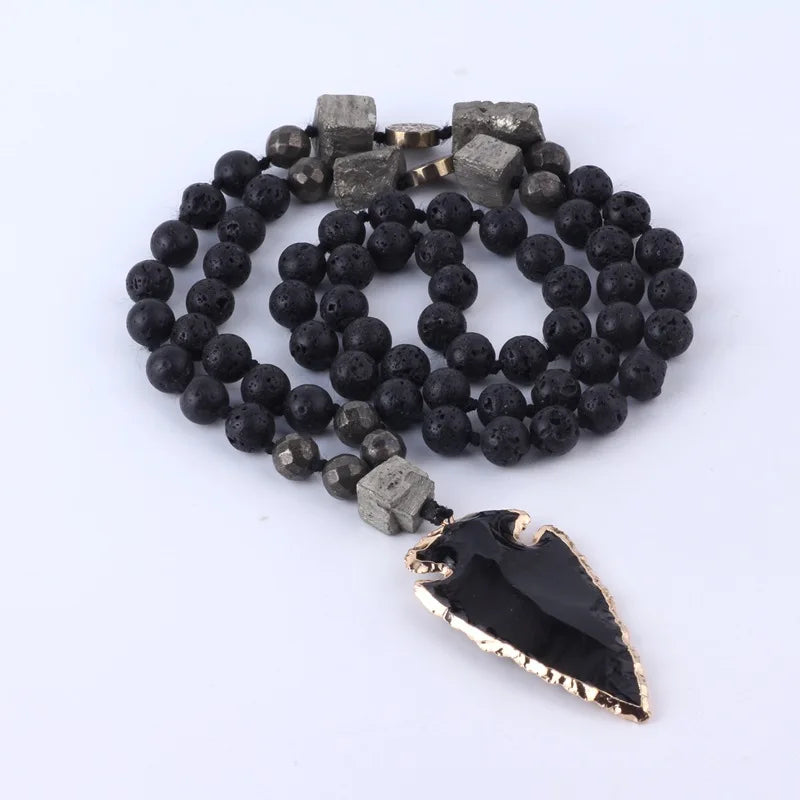 Fashion Healing Natural lava Stone Hand Knots Beads Beaded Choker 40cm Necklace Jewelry