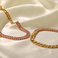 New Style Stainless Steel 18K Gold Plated Jewelry Pink Full Cubic Zirconia Figaro Chian Bracelet Necklace
