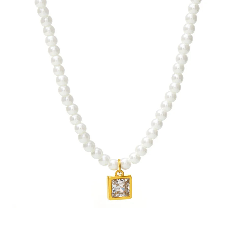 Bead Chain Jewelry Stainless Steel 18k Gold Plated Geometric Zircon Pendant Necklace YF6116
