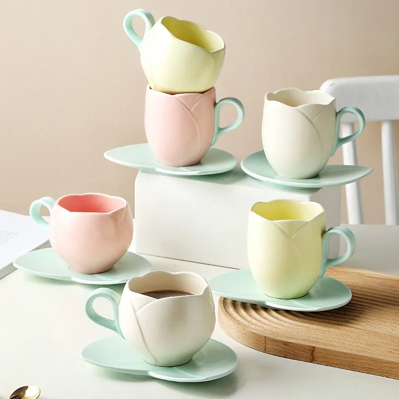 European and Saucer Set Tulip Pink Girl Milk Tea Coffee Ceramic Cup