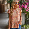 New Summer Casual Loose Fit Rayon Crocheted Bohemian Floral Printed Blouses for Women Front Logo 2023