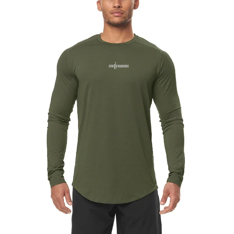 Mens Skinny Long Sleeve Shirt Autumn Spring Casual Print Sport T-Shirt Male Fitness Tee Tops Quick Dry Bodybuilding Gym Clothing