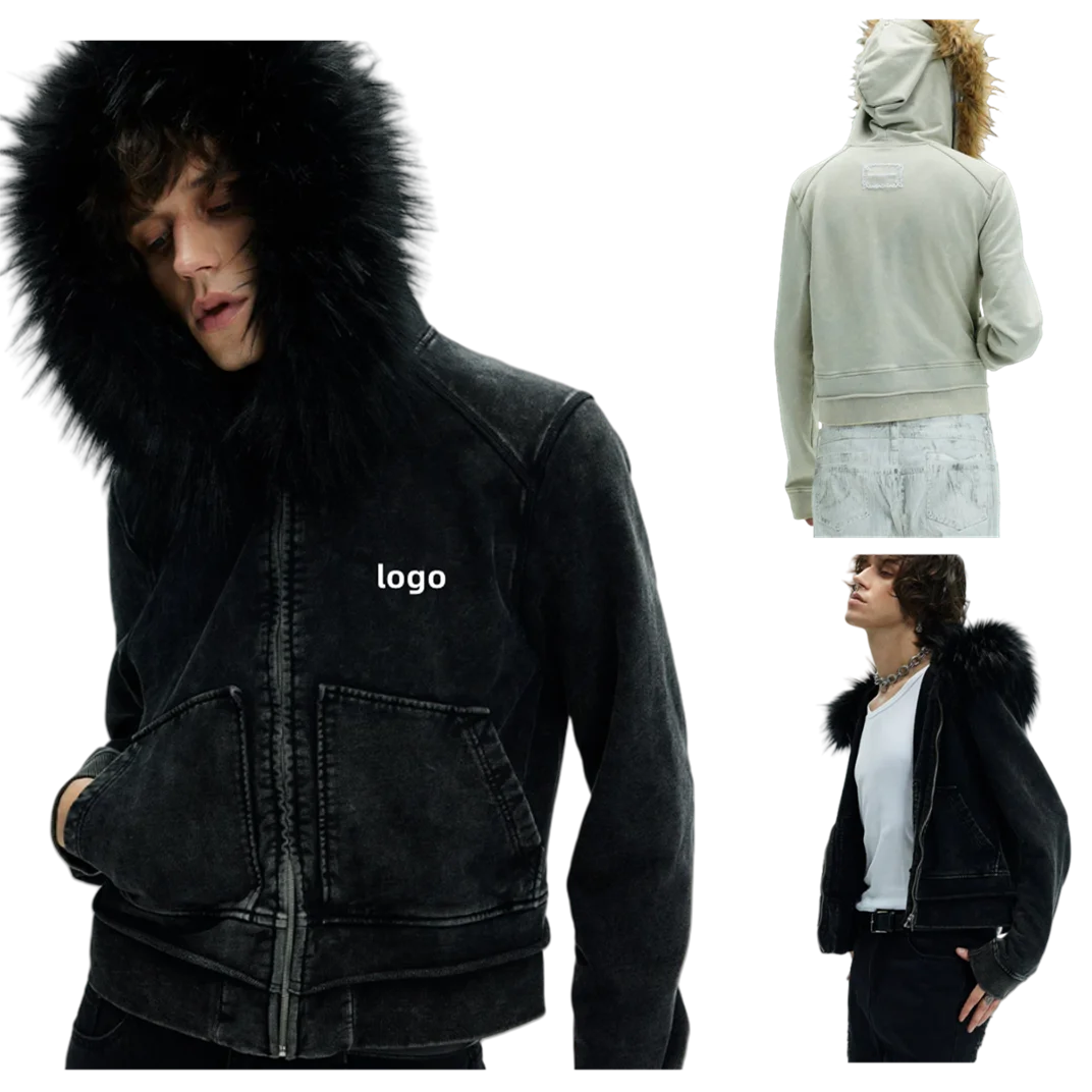 Custom Embroidery Logo Winter Loose Fit Spliced Waxed Suede Warm Cotton Puffer Down Detachable Collar Washed Zip-Up Hoodie