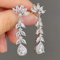 CAOSHI Wholesale Banquet Wedding Brass Jewelry Luxury Silver Color Marquise Cut Leaf Diamond CZ Long Bridal Earrings for Women
