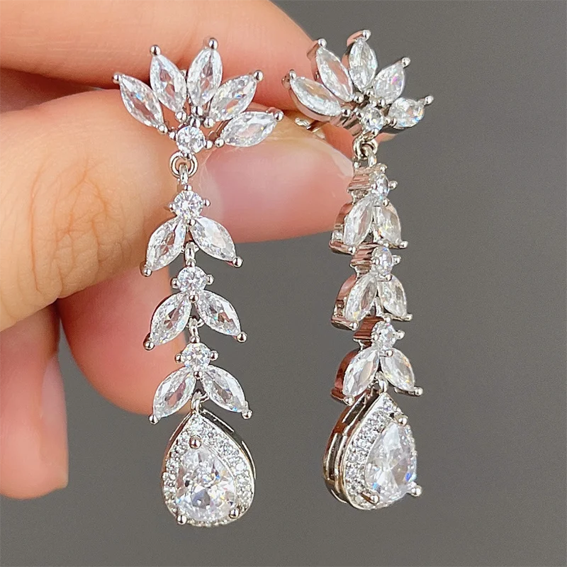 CAOSHI Wholesale Banquet Wedding Brass Jewelry Luxury Silver Color Marquise Cut Leaf Diamond CZ Long Bridal Earrings for Women