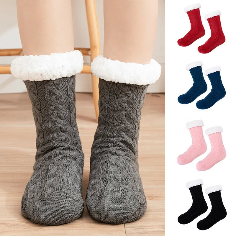 Women's Winter Warm Crew Plaid Anti-Slip Knitted Fabric Fleece Sherpa Lining Indoor Home Long Slipper Socks