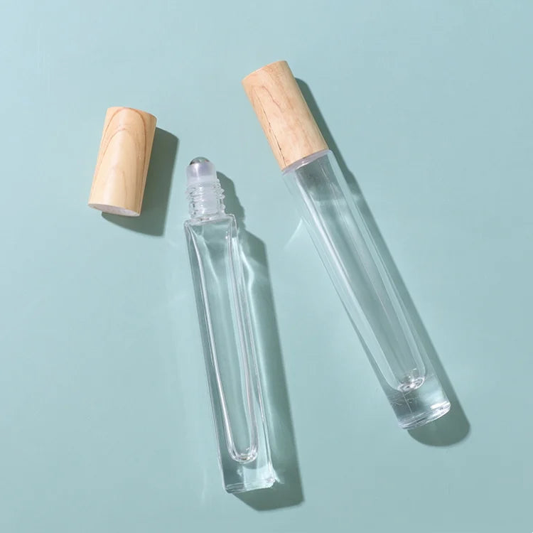 New Design Wooden Grain Plastic Cap Empty Refillable 10ml Long Tall Thick Glass Bottom Perfume Roller Bottle