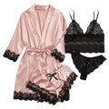 Hot Sell Women's Silk Sleepwear 4pcs Floral Lace Trim Satin Cami Sexy Pajama Set with Robe